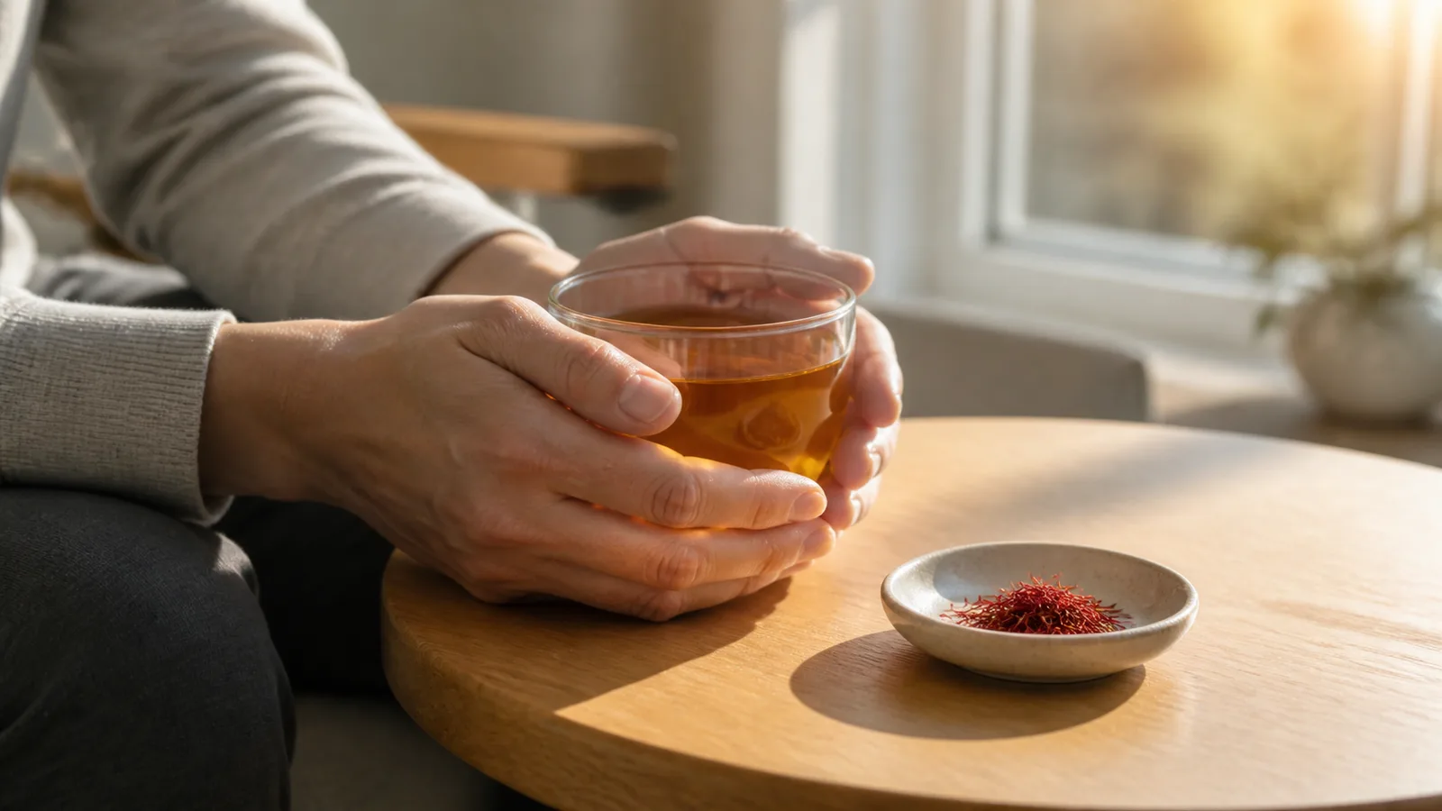Warm saffron infusion beside real saffron threads in soft natural light