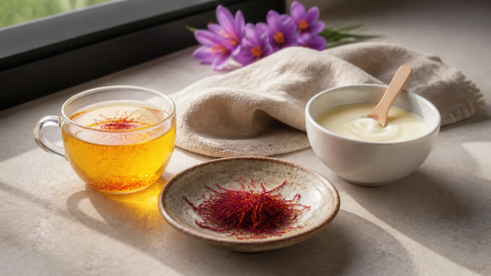 Saffron threads beside a warm infusion and simple skincare ingredients