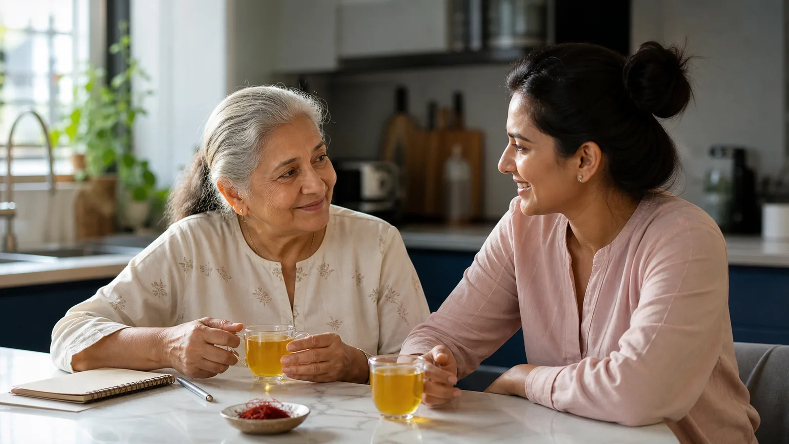 Older adult and family member sharing saffron tea at a kitchen table