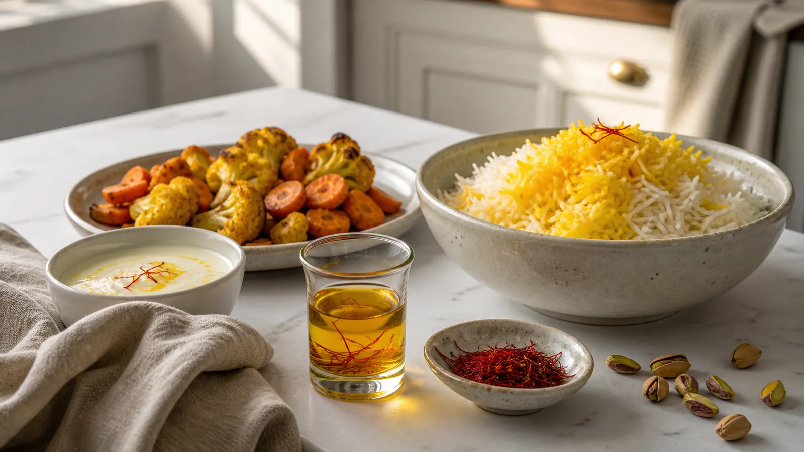 Saffron threads and blooming liquid beside rice vegetables and yogurt
