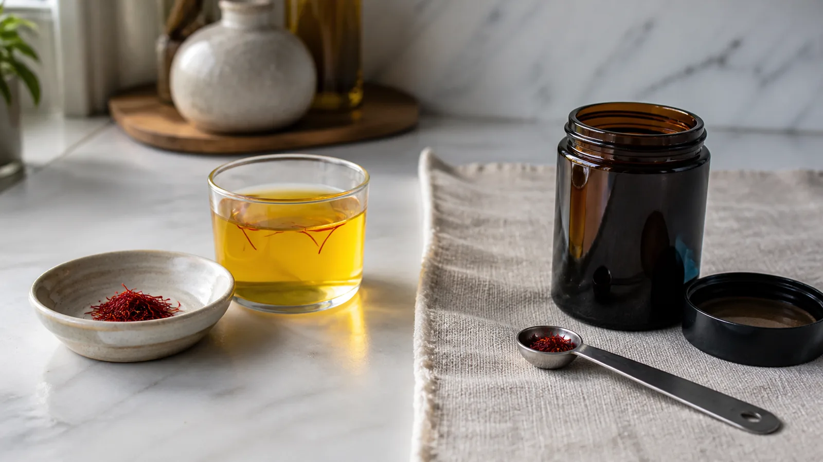 Small culinary portion of saffron beside a supplement bottle and measuring spoon