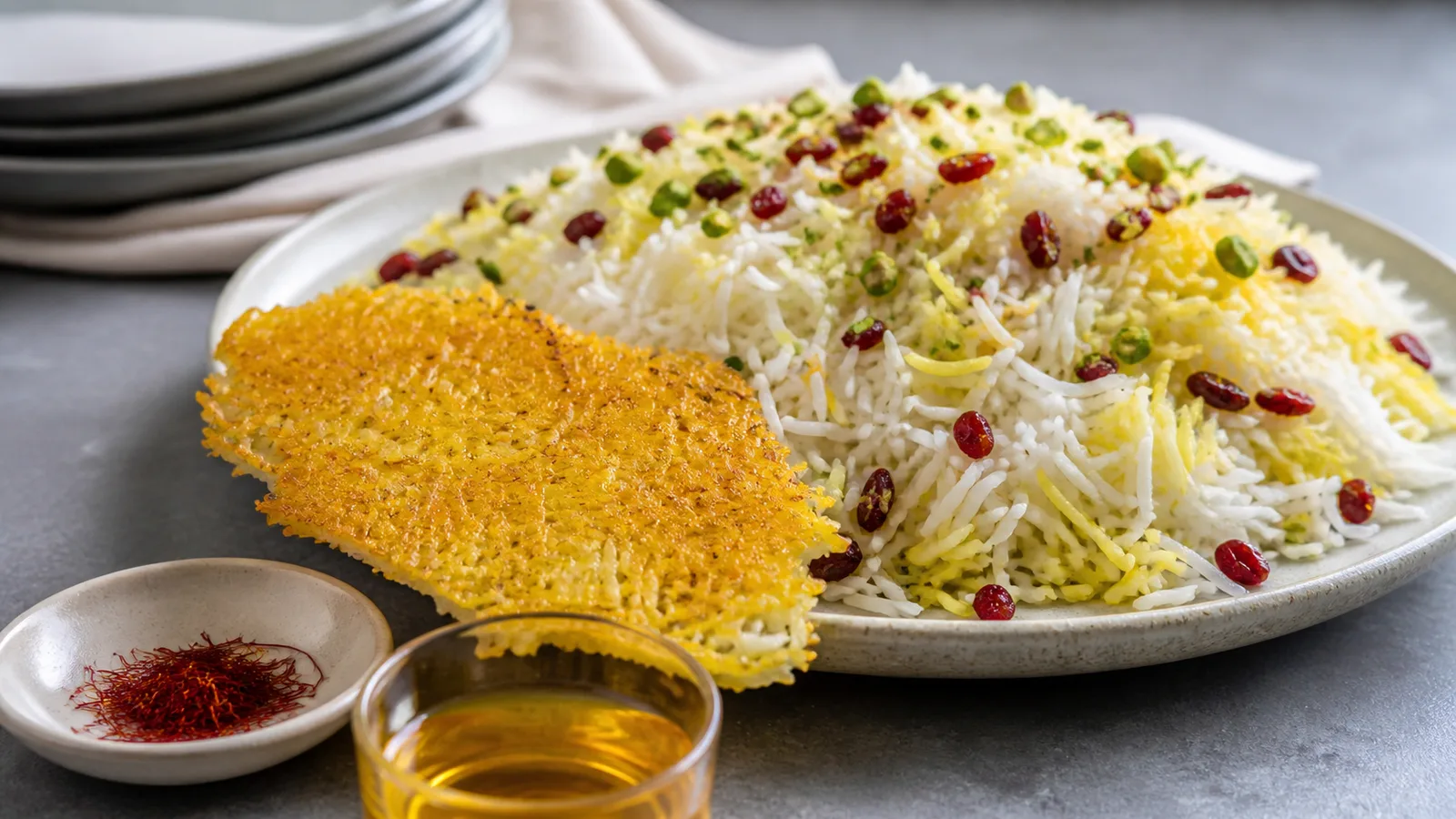 Crisp golden saffron yogurt rice crust served with barberries and pistachios