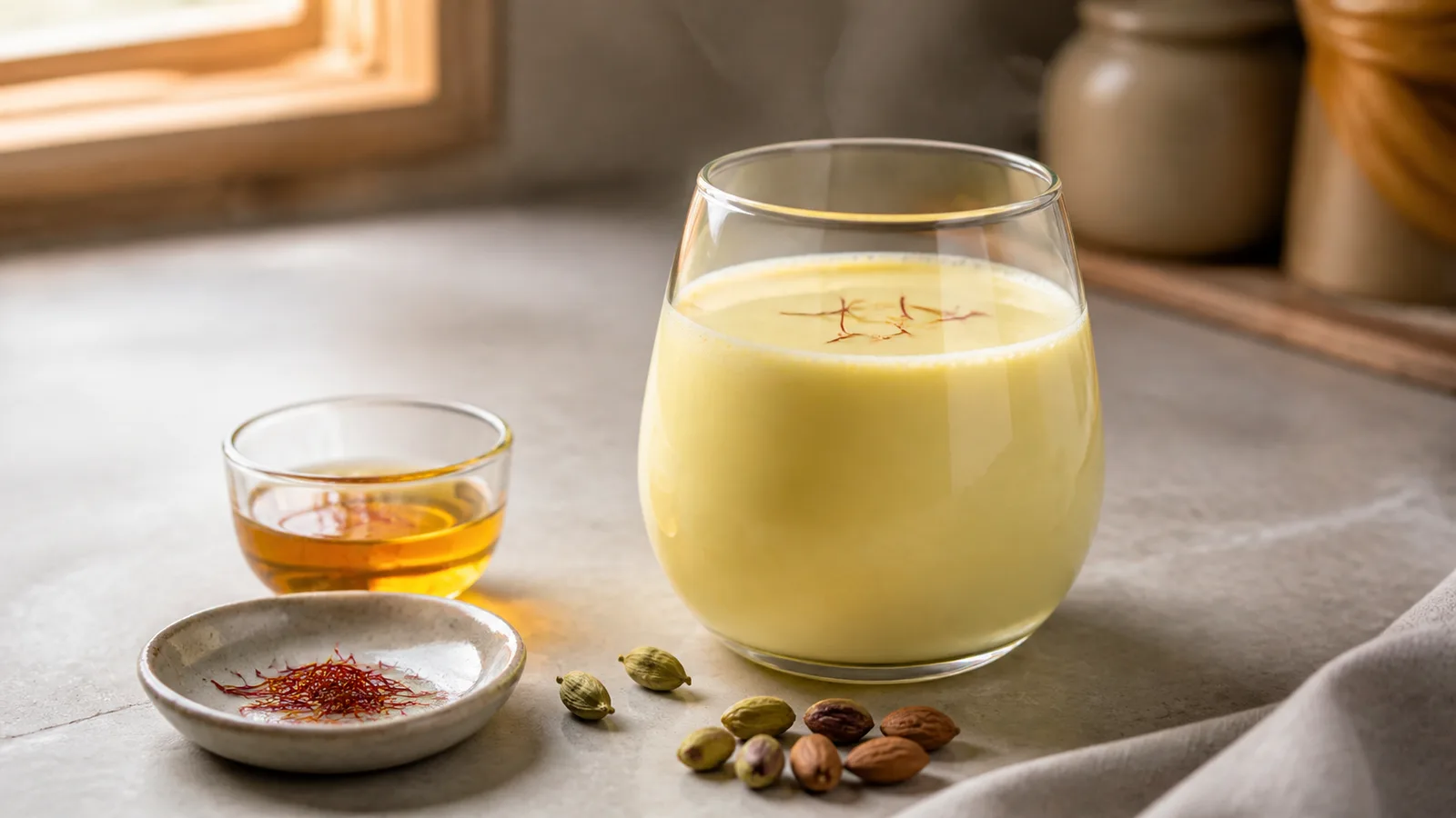 Warm saffron milk with threads cardamom pistachios and almonds