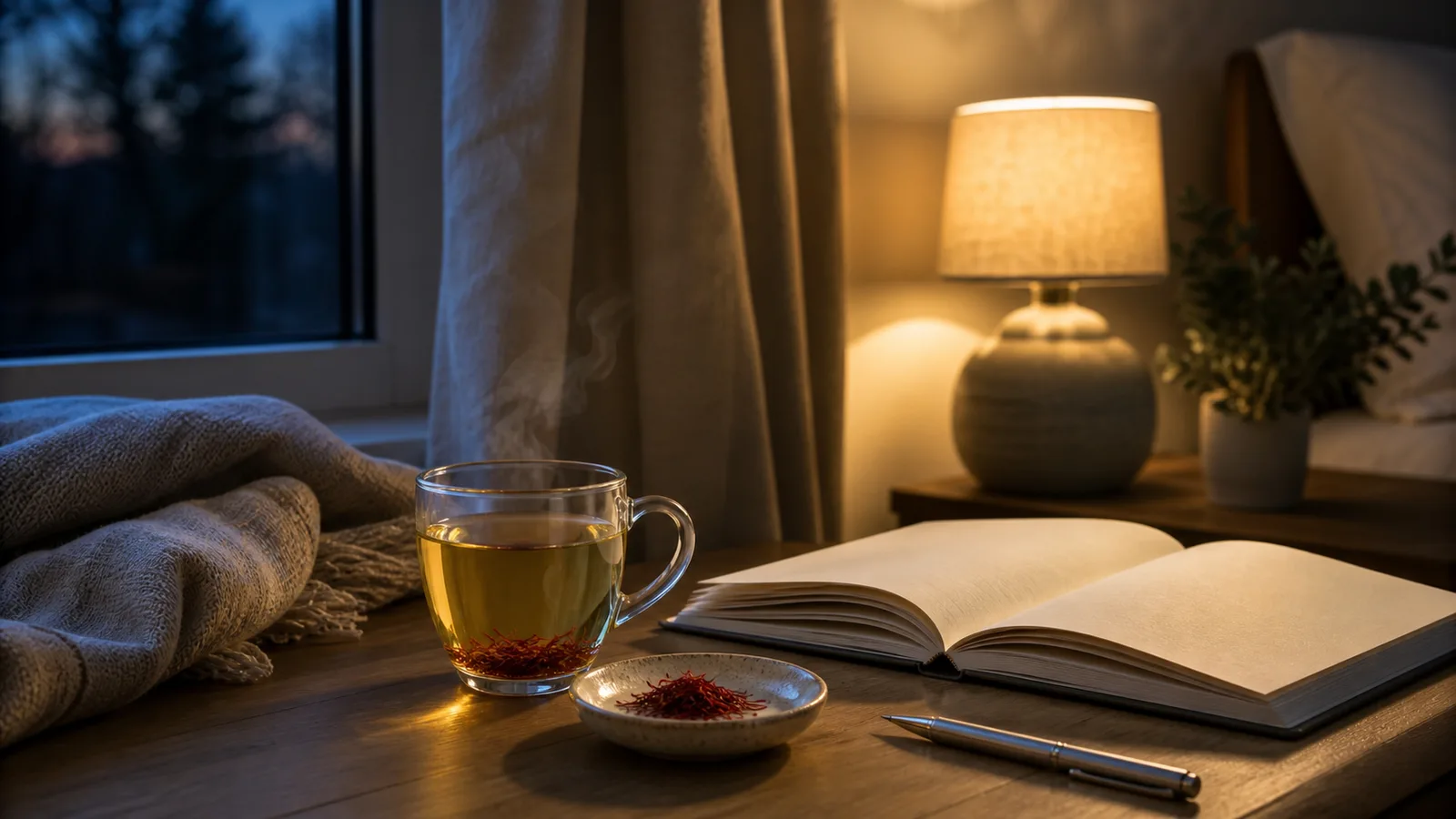 Saffron tea beside threads and a sleep journal in evening light