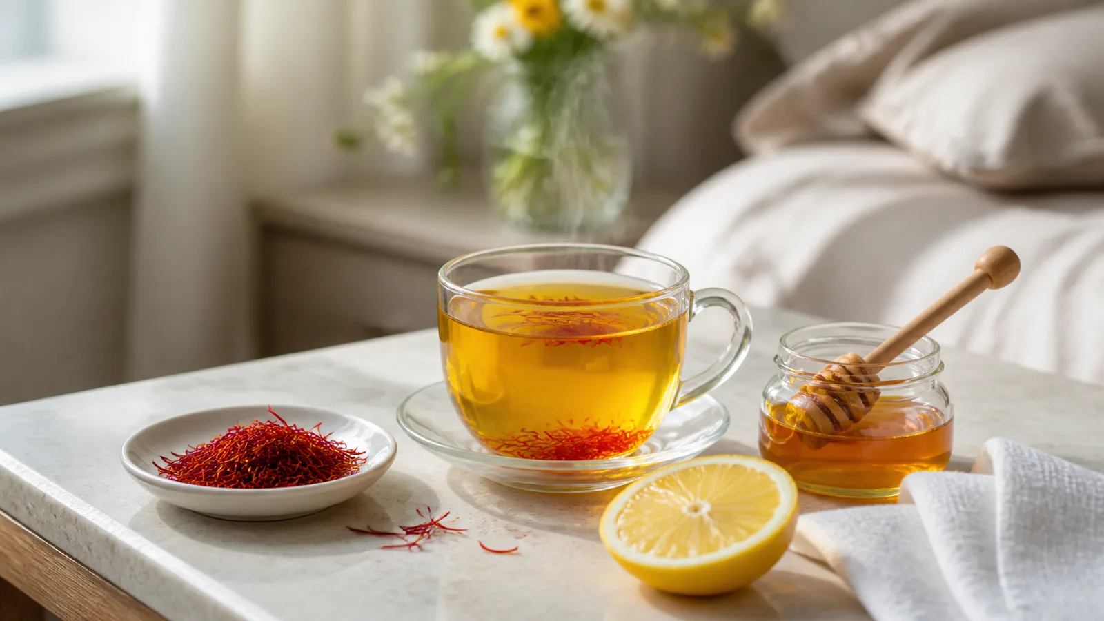 Saffron tea with honey and lemon prepared for cold symptom comfort