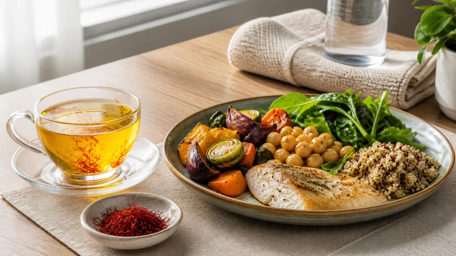 Saffron tea beside a balanced meal for a practical weight-management routine