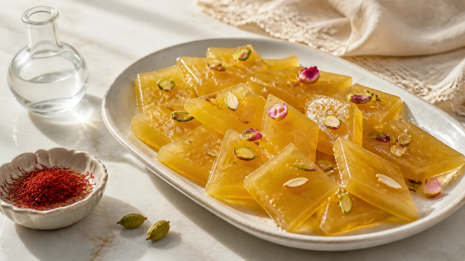 Transparent saffron Muscati dessert cut into glossy diamond pieces with pistachios