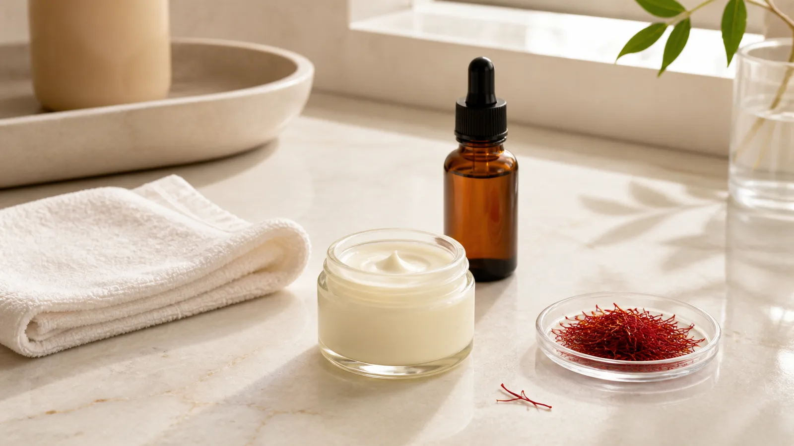 Saffron threads beside a simple modern moisturizing skincare cream