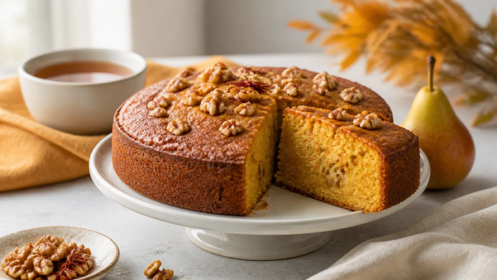 Sliced saffron carrot and walnut cake with a golden crumb
