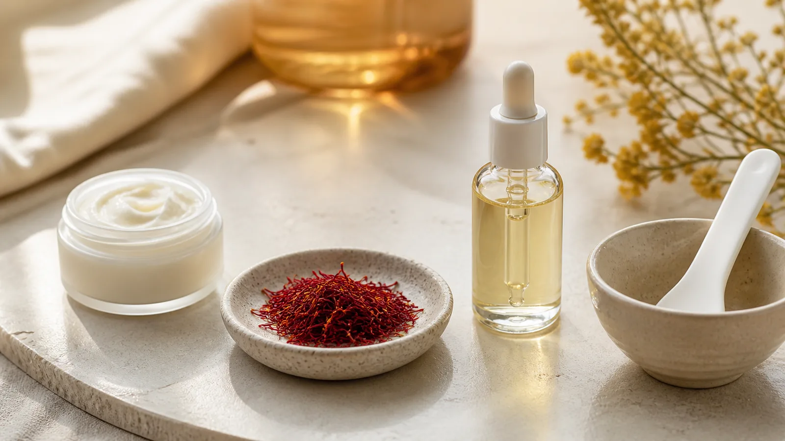 Saffron threads with an unlabeled facial cream and cosmetic oil