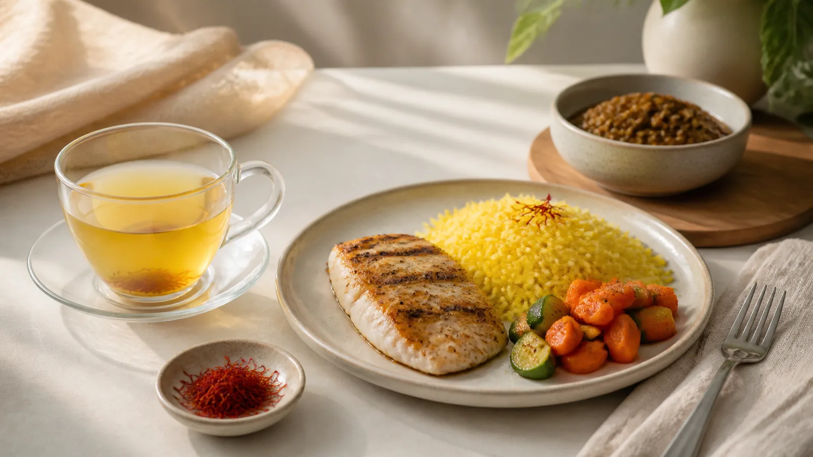 Light saffron tea with a simple meal chosen for digestive comfort