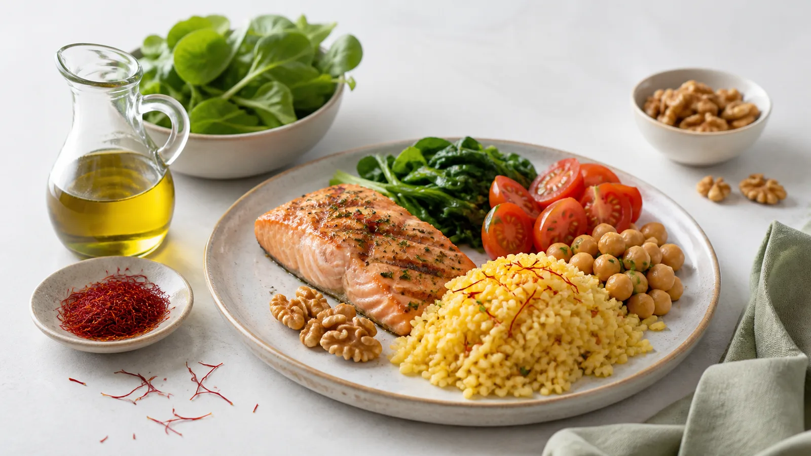 Saffron rice with vegetables fish and olive oil in a heart-conscious meal