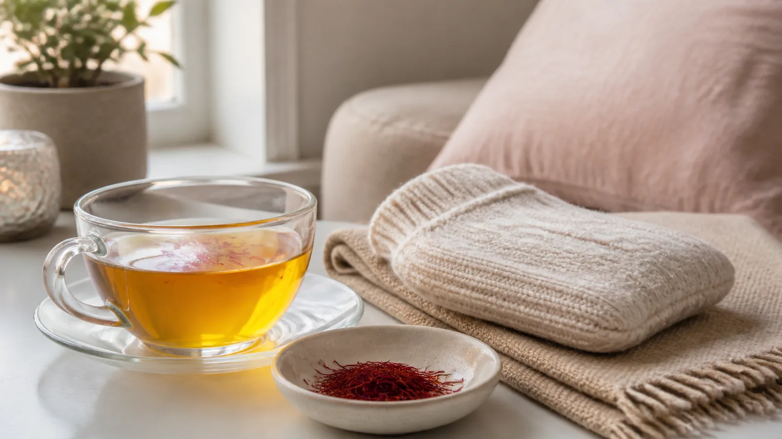 Warm saffron tea beside a folded heat pad for menstrual comfort