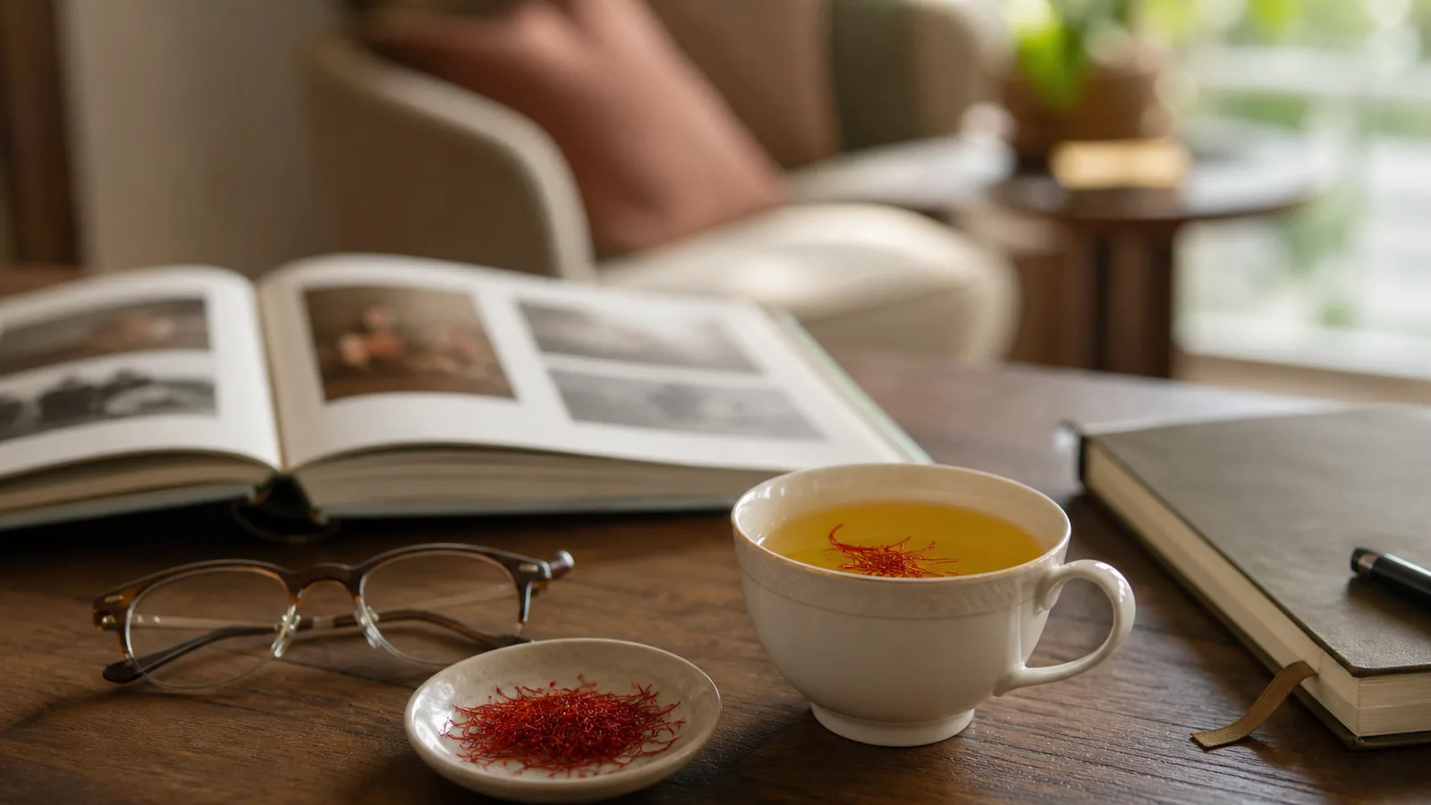Saffron tea beside a family photo album and reading glasses