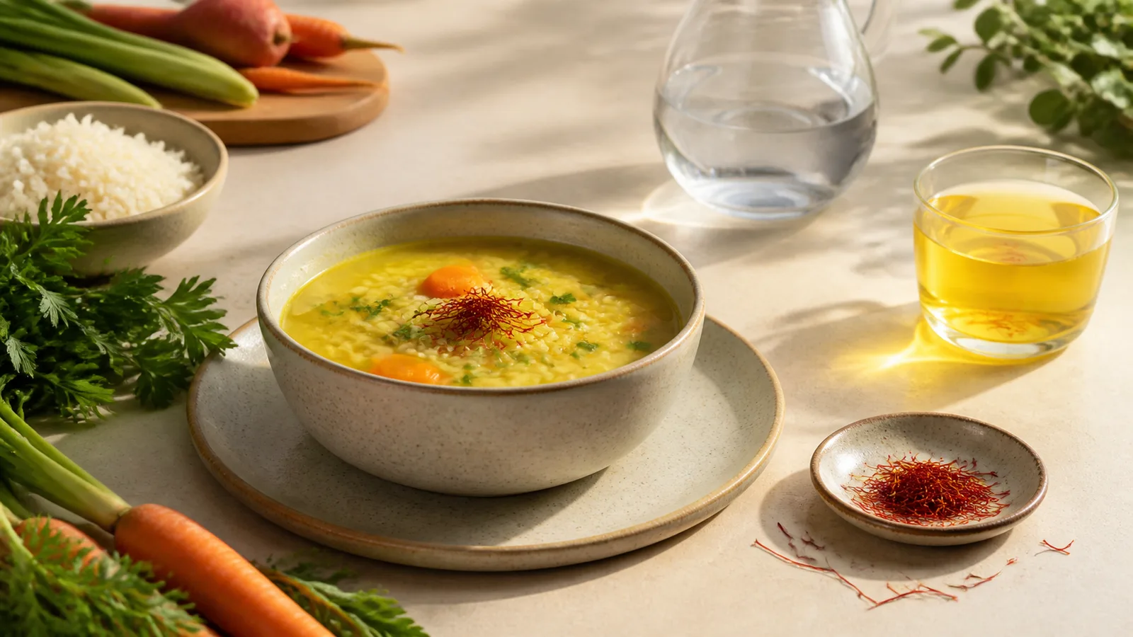 Saffron threads, warm tea, and a simple balanced meal