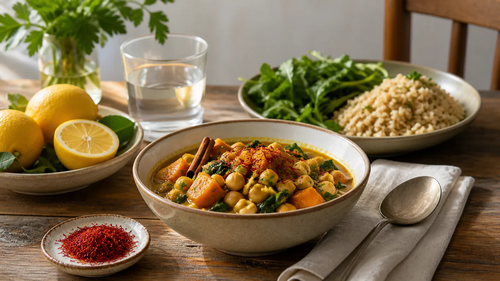 Saffron chickpea stew with vegetables and whole grains