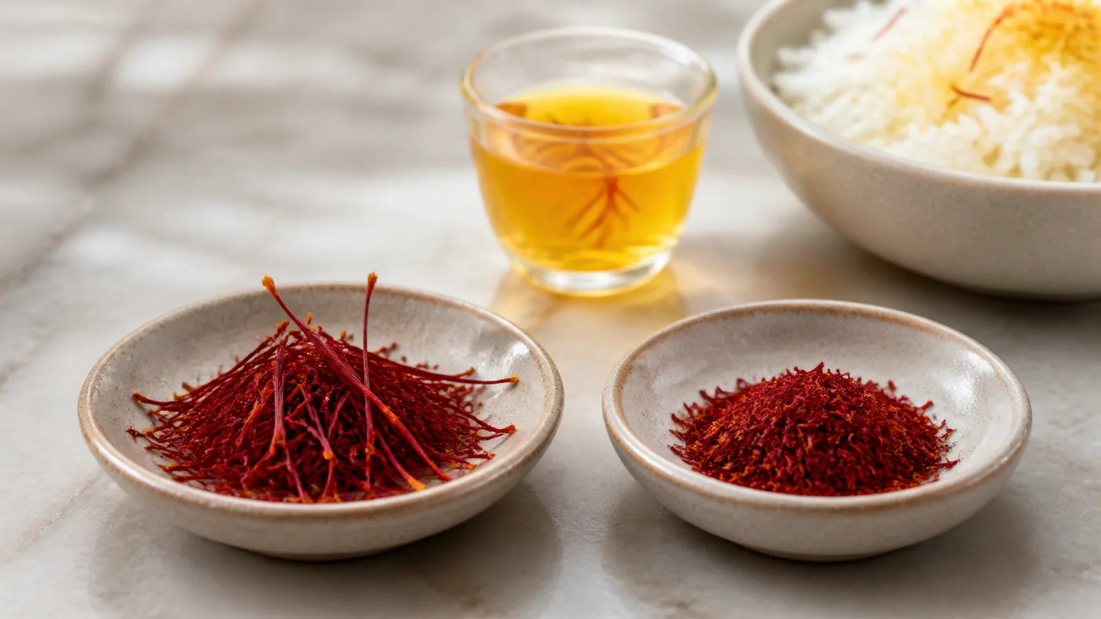 Whole saffron threads beside broken saffron pieces