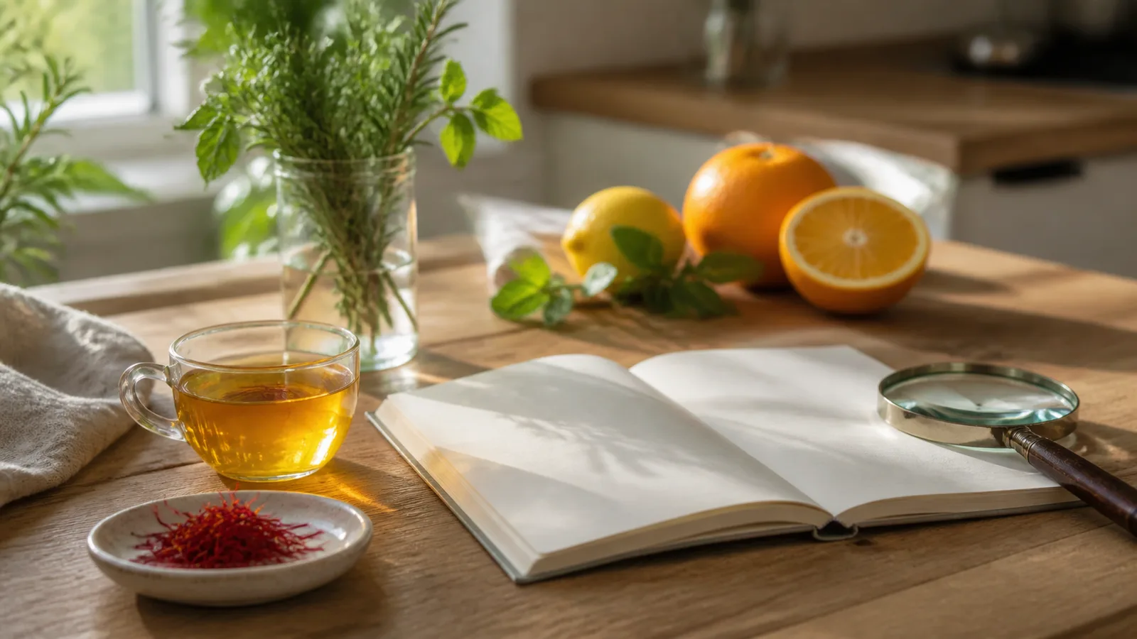 Saffron threads and tea beside an evidence review notebook