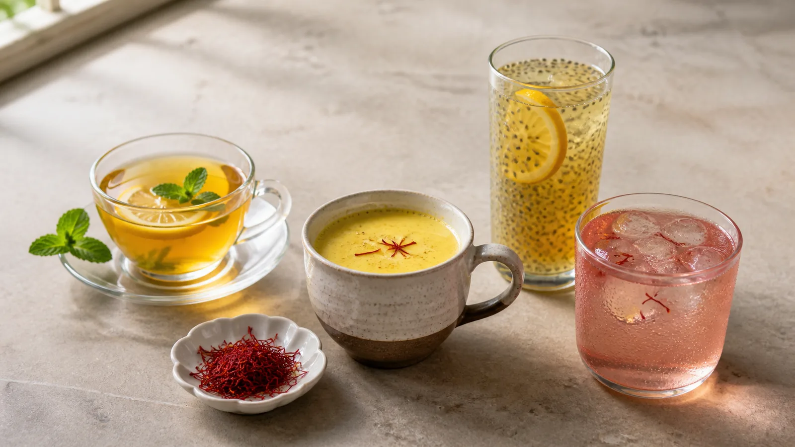 Hot and cold saffron drinks with citrus, mint, and rosewater