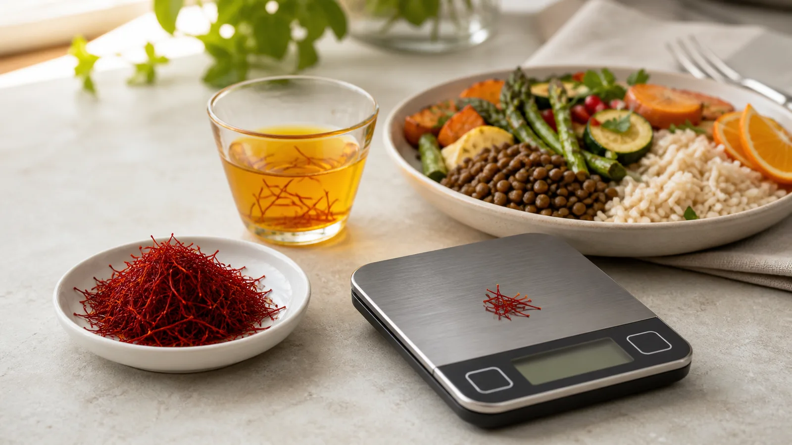 Saffron threads beside a scale and a colorful balanced meal
