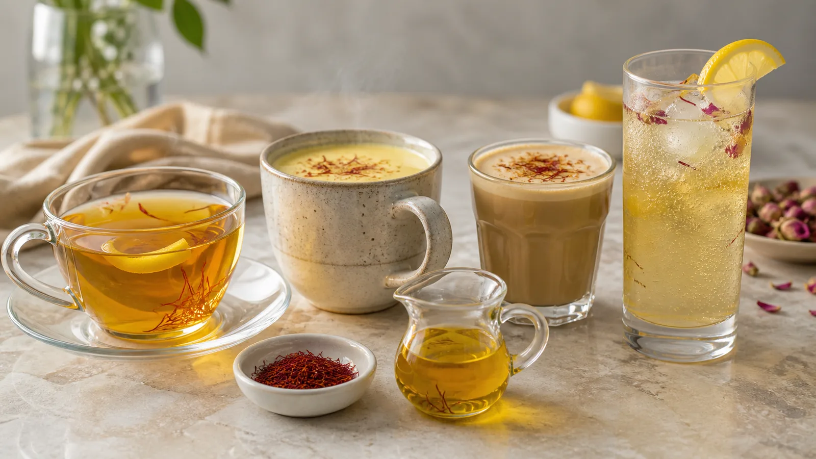 Hot and cold saffron beverages with tea, milk, coffee, and sparkling water
