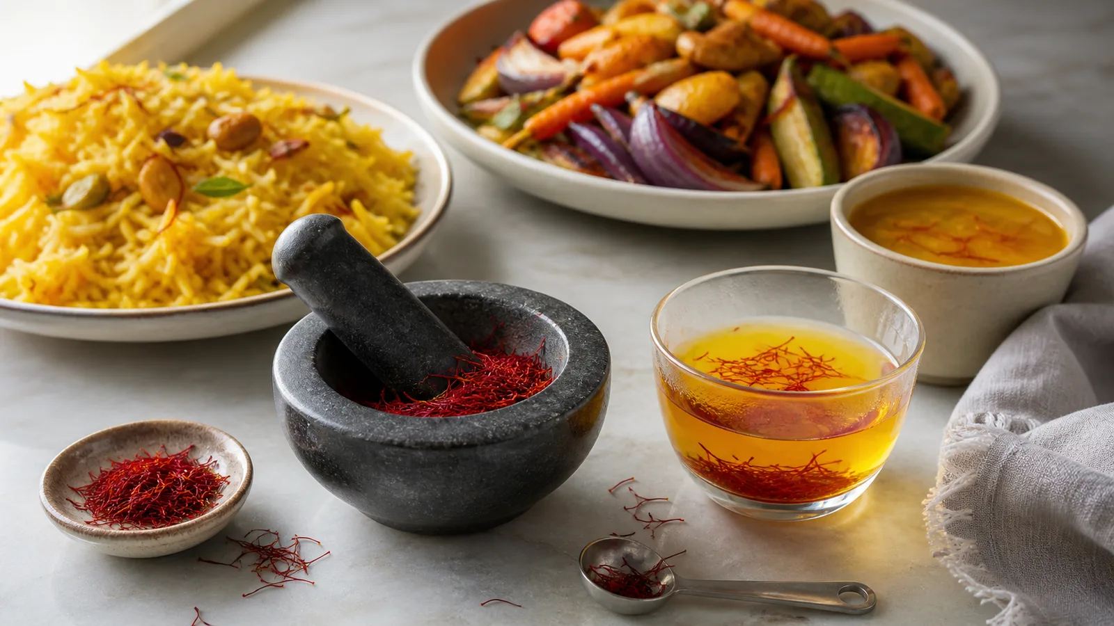 Saffron threads and infusion prepared for rice, vegetables, and tea