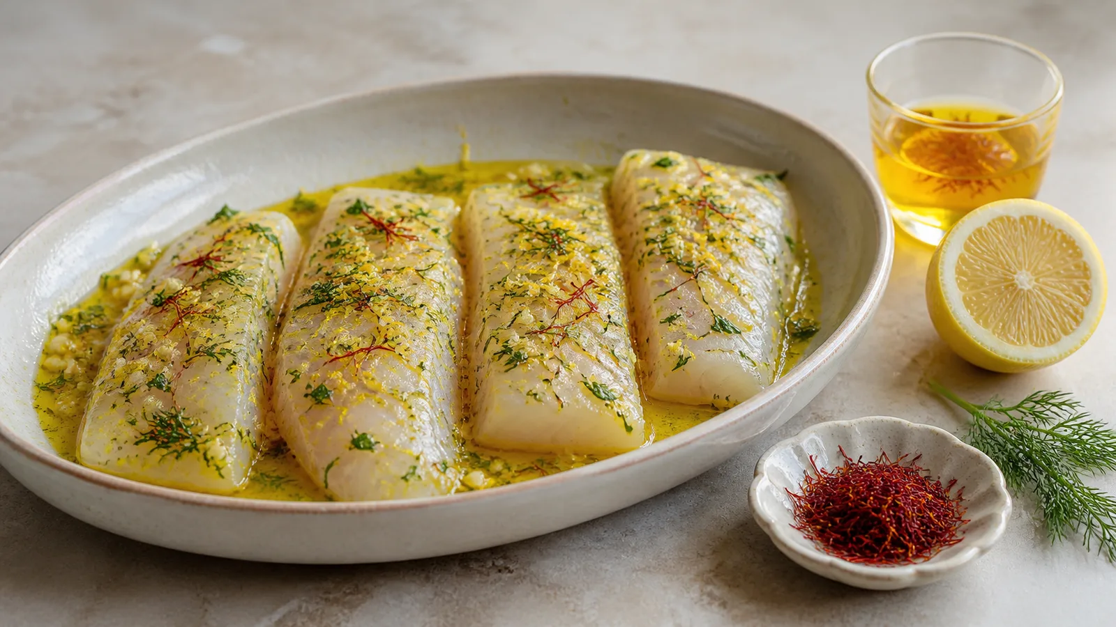 Fish fillets in saffron marinade with lemon, garlic, dill, and saffron threads