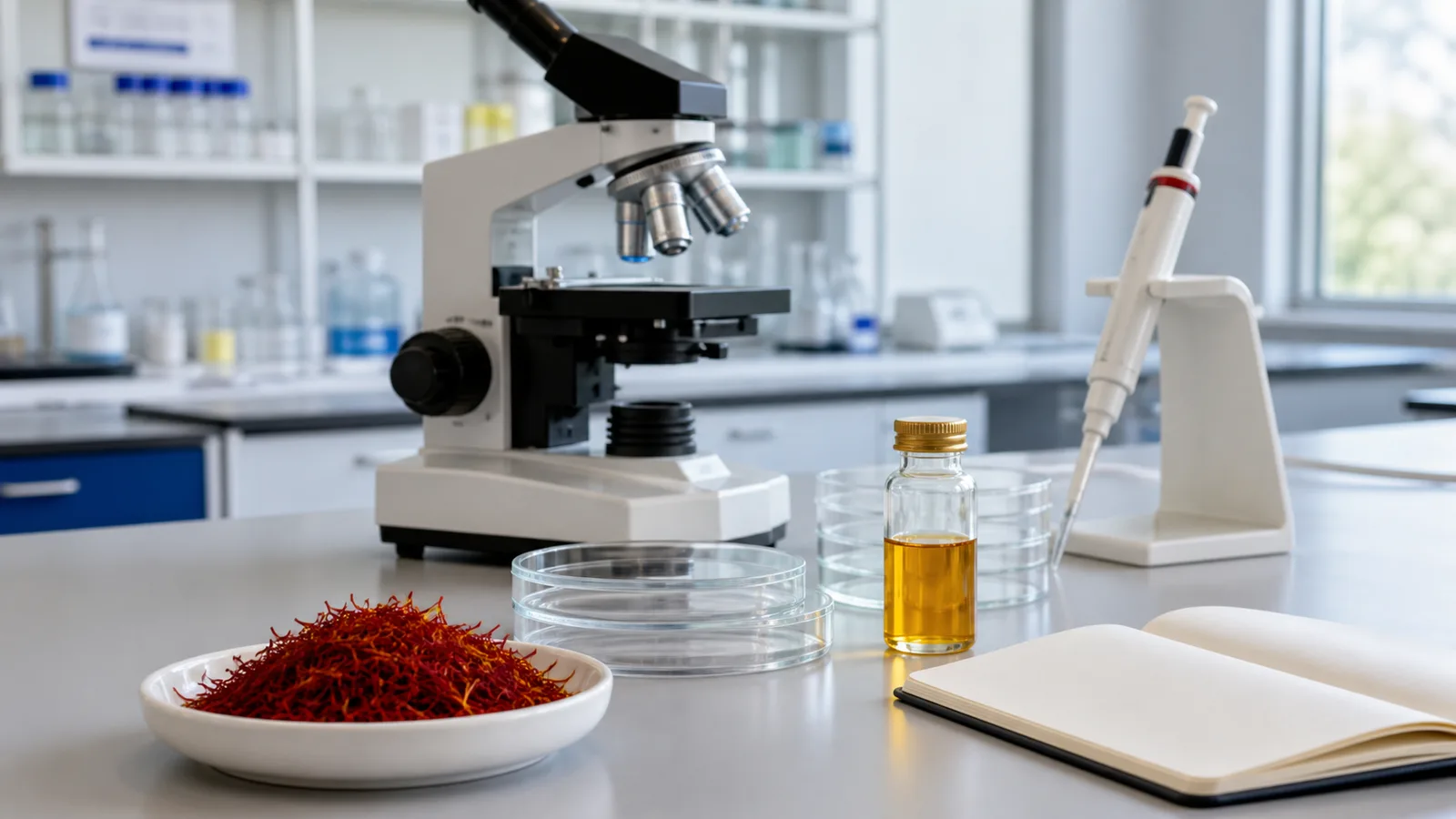 Saffron threads with a microscope, laboratory dishes, pipette, and research notebook