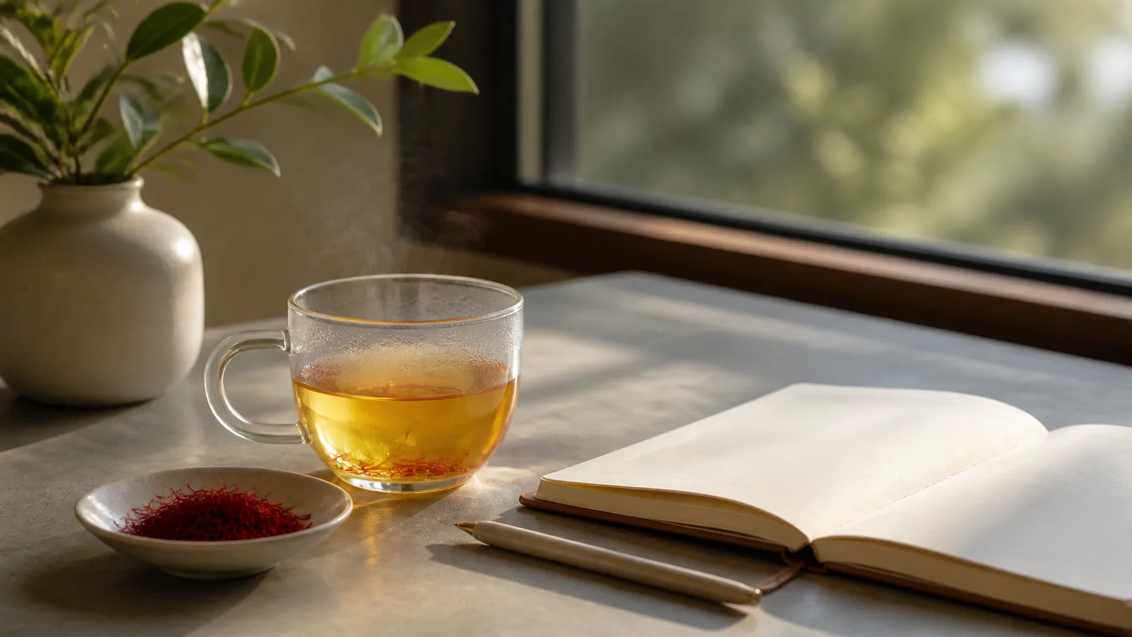 A cup of saffron tea beside saffron threads and a blank journal in morning light