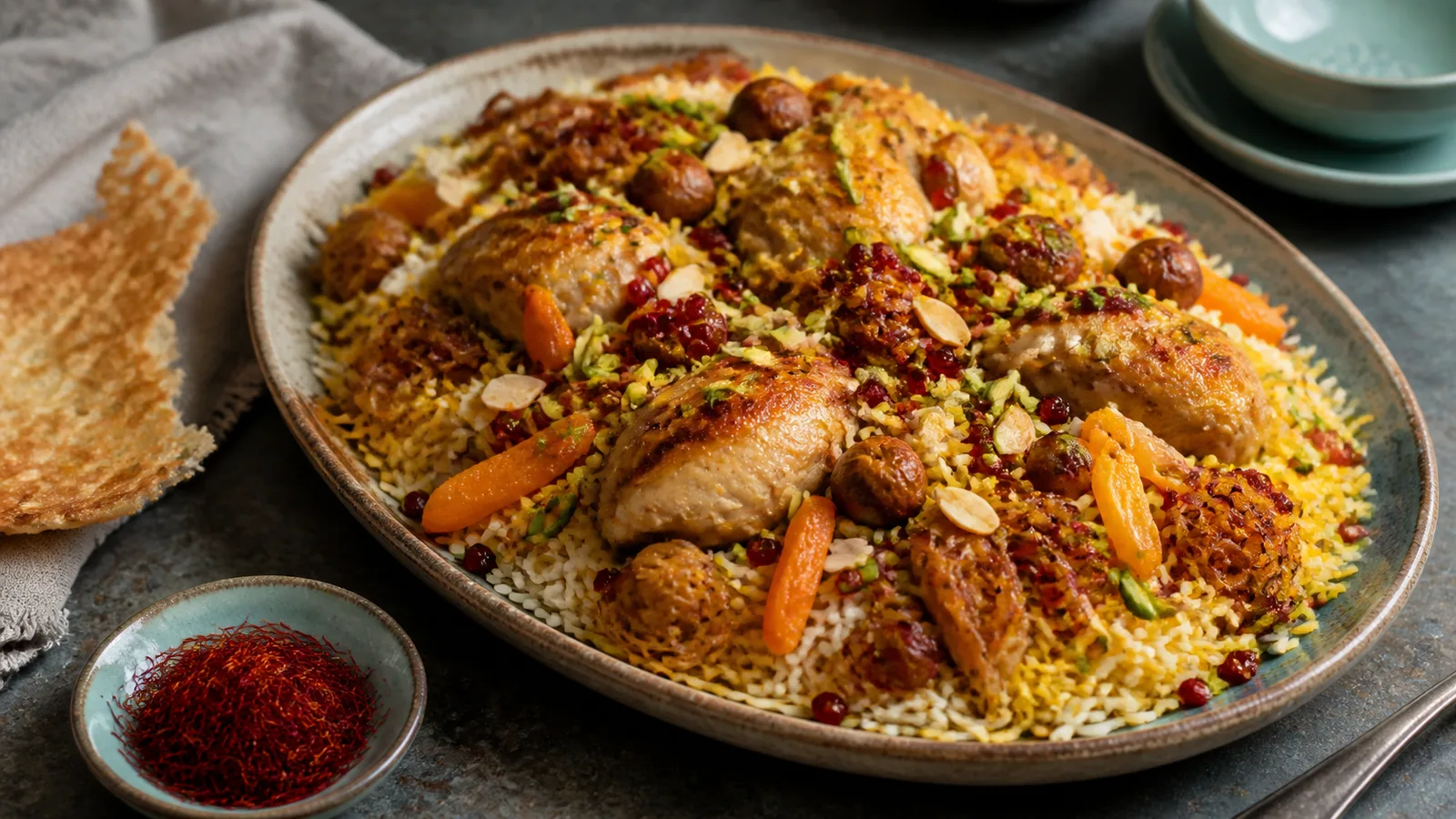 Saffron nut pilaf with chicken, dried apricots, barberries, pistachios, and almonds
