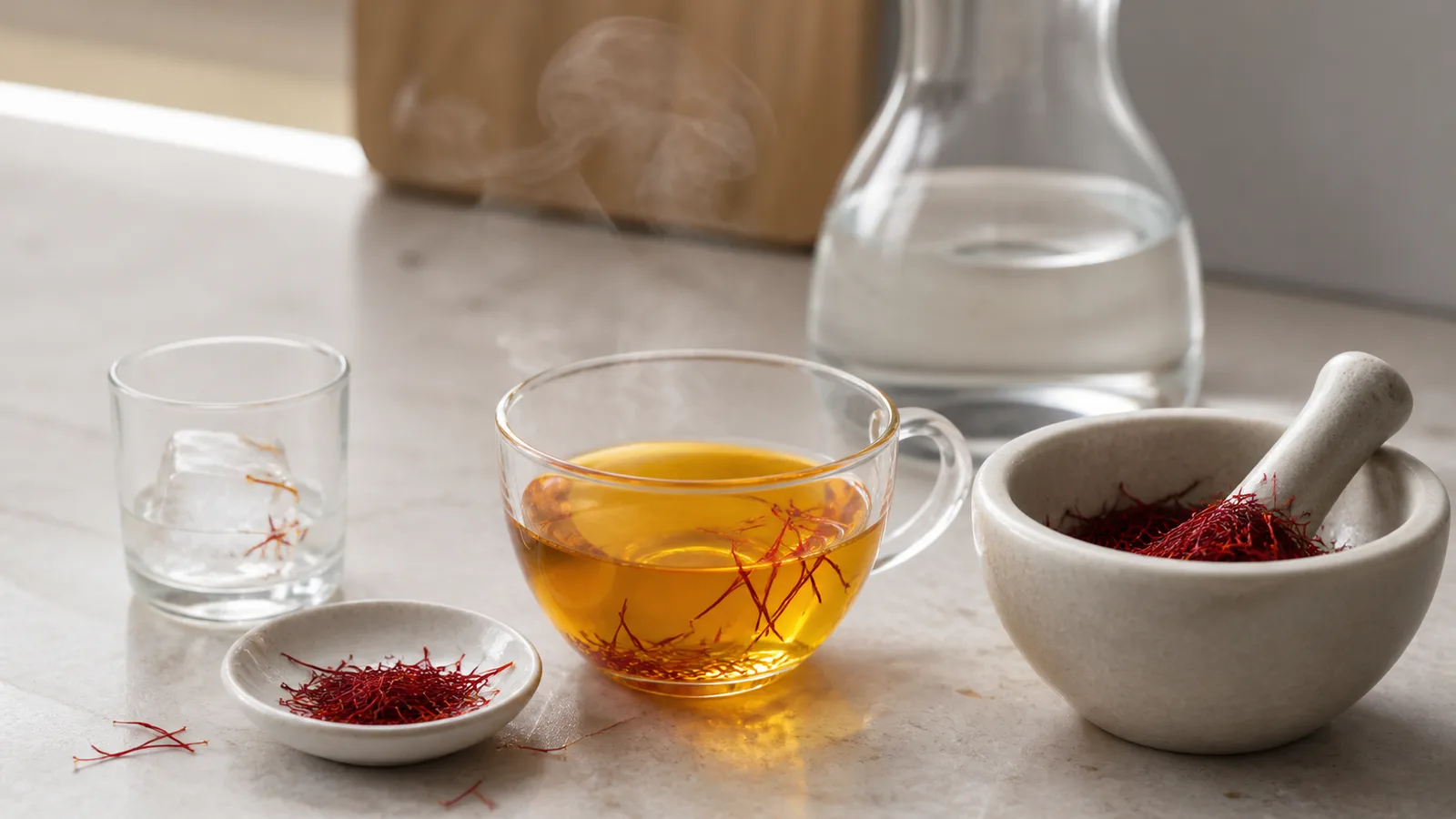 Saffron threads blooming in warm water beside a small mortar and a glass with melting ice