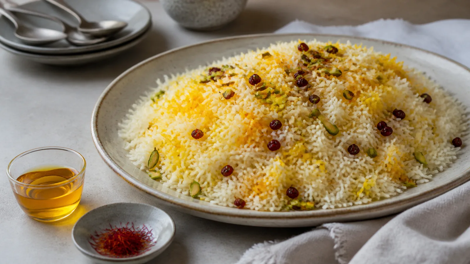 Fluffy saffron rice with golden grains, barberries, pistachios, and almonds on a ceramic serving platter