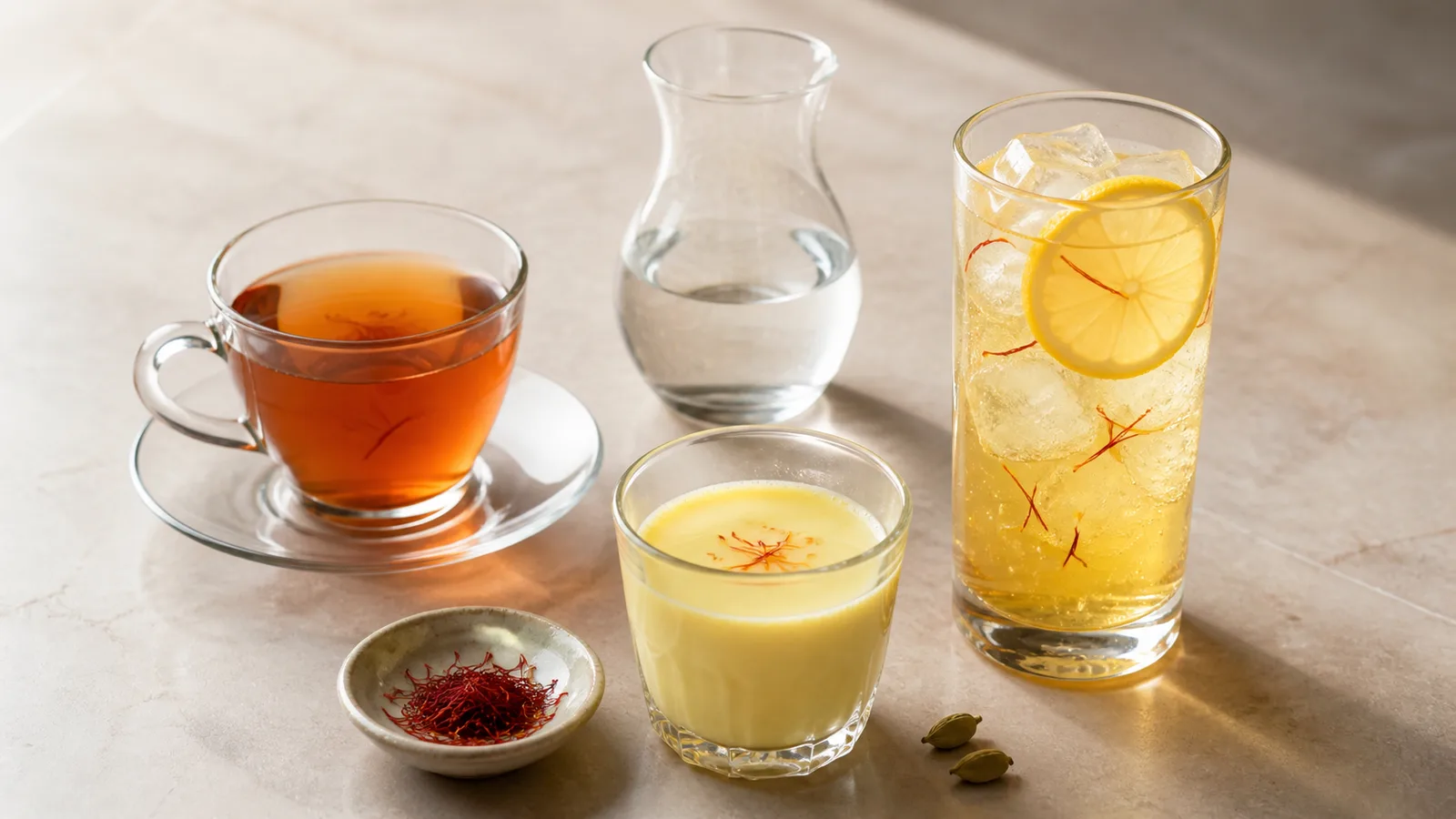 Three saffron-infused drinks with black tea, warm milk, and chilled citrus on a modern counter