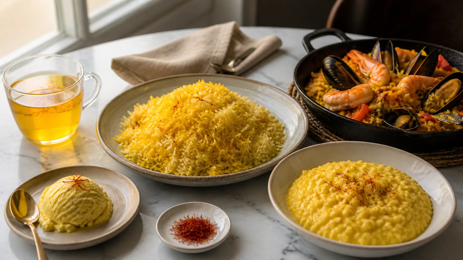 Saffron used in rice, risotto, seafood, tea, and ice cream on a modern table