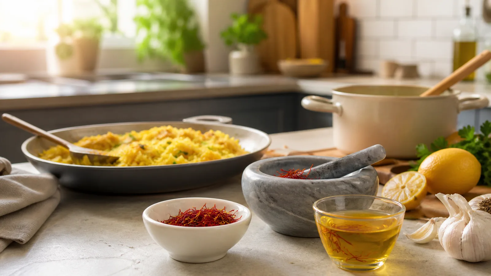 Saffron threads, a golden infusion, and saffron rice in a modern kitchen