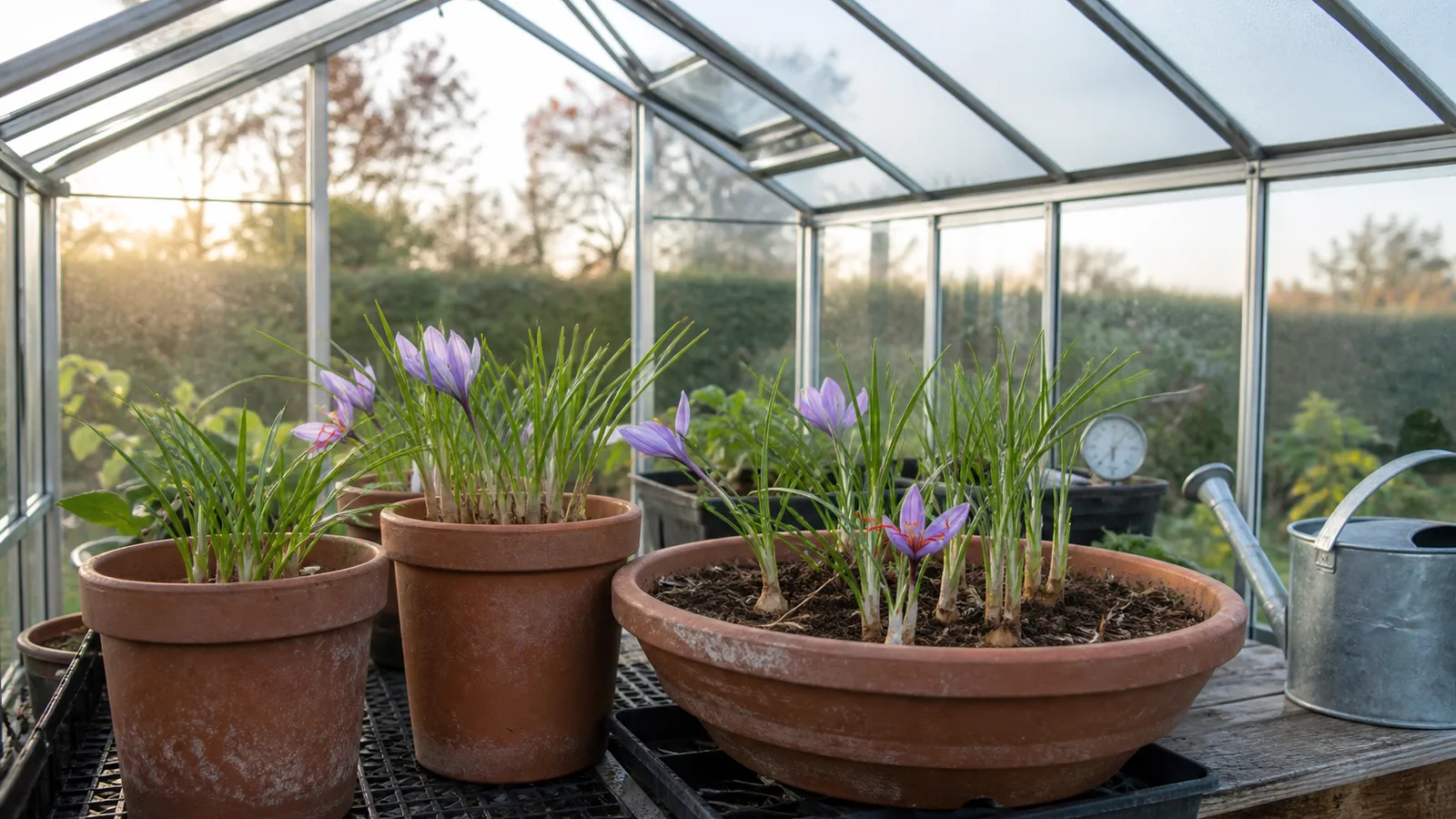 Saffron crocus plants growing in pots inside a modern home greenhouse