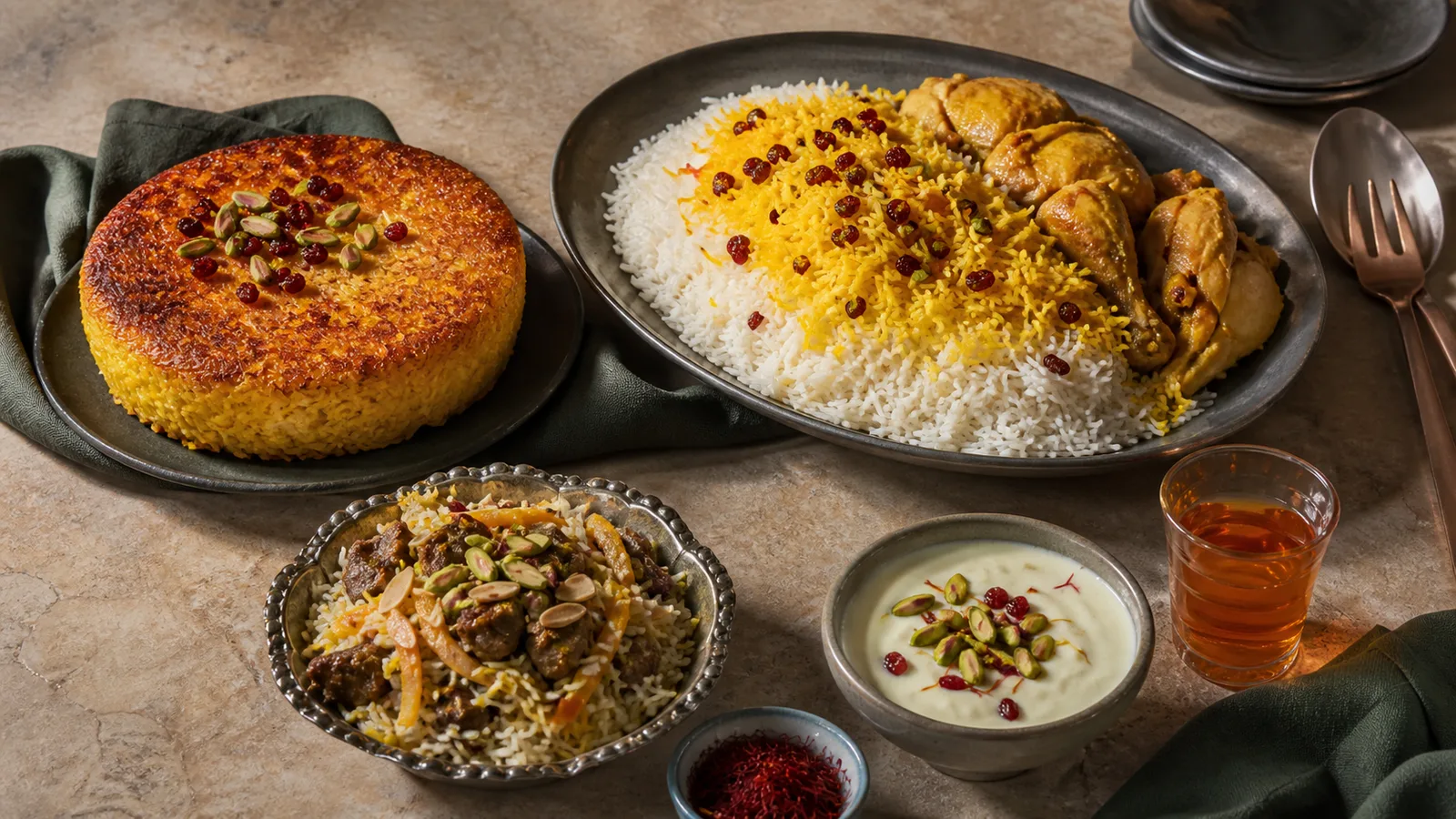 Iranian saffron dishes including tahchin, barberry rice with chicken, and jeweled rice