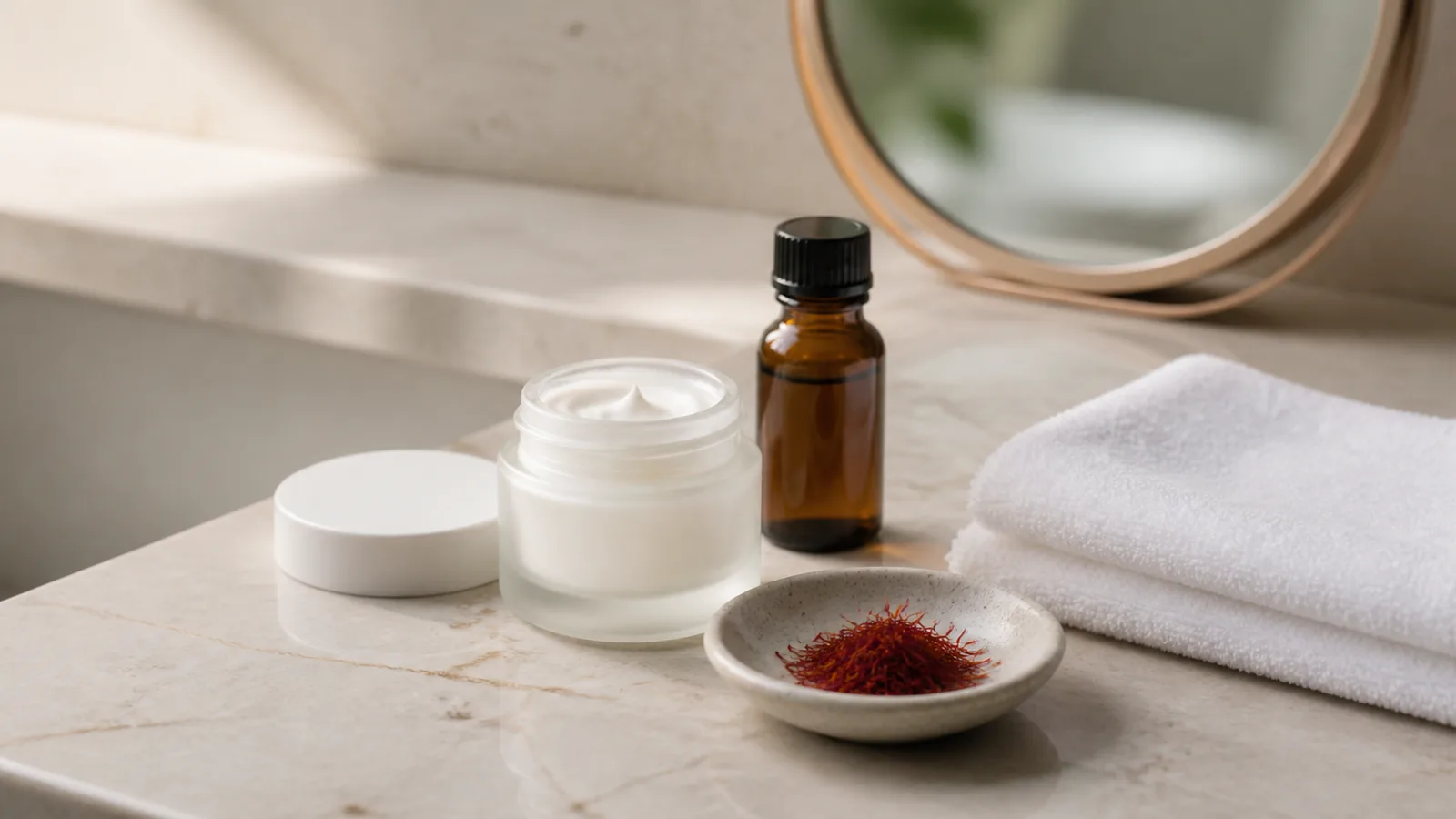 Saffron threads beside an unbranded skin cream on a modern bathroom vanity