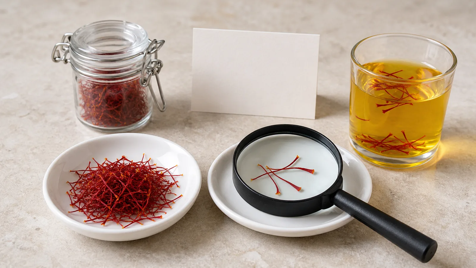 Pure saffron threads examined with a magnifying glass beside a golden water infusion