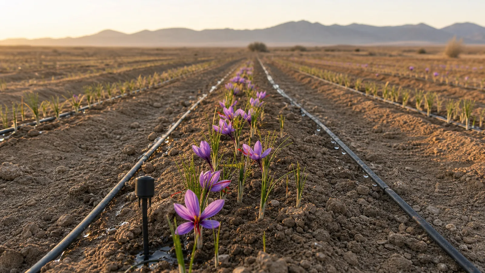 Drip irrigation lines applying water beside saffron crocus rows
