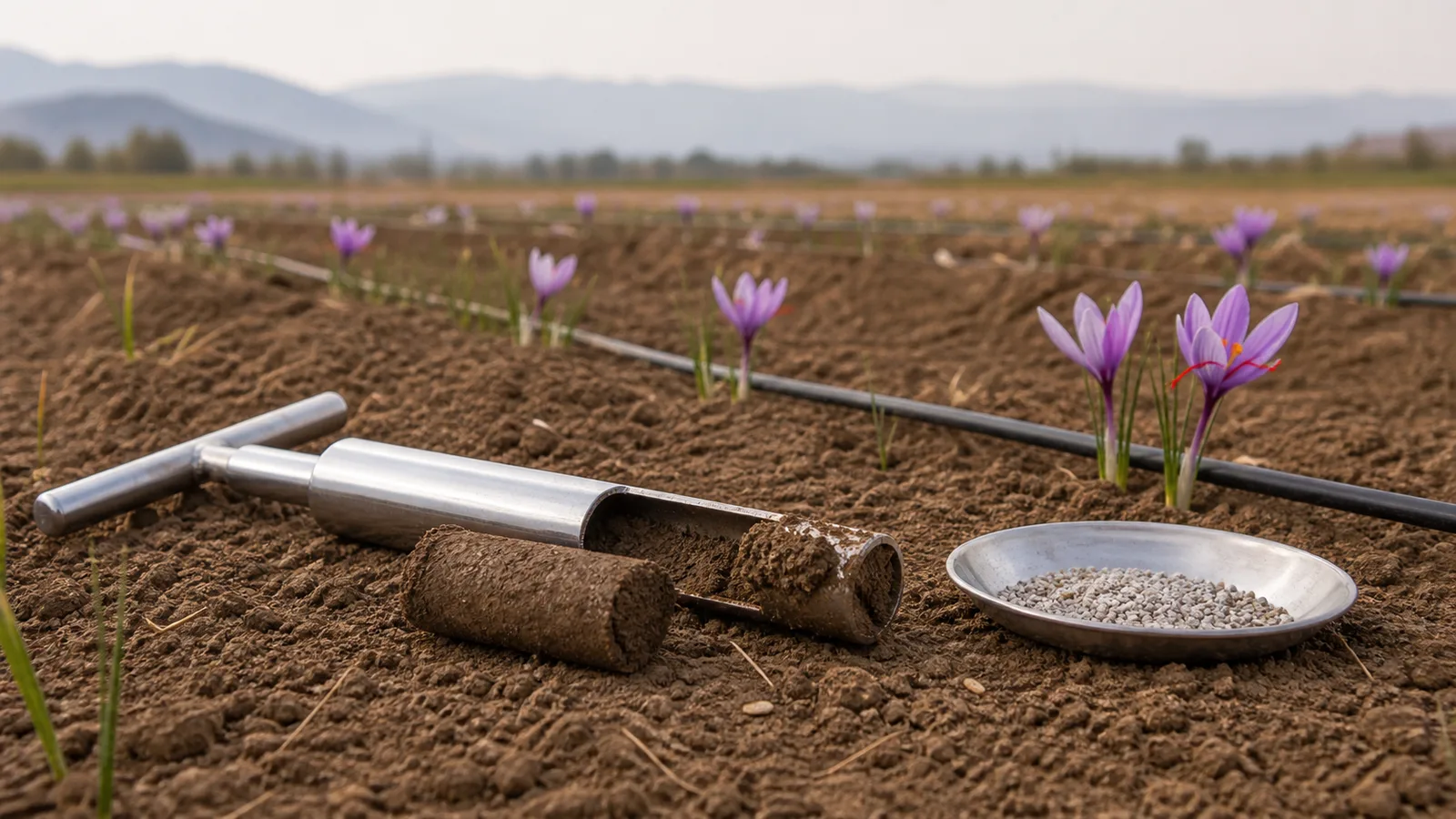 Soil sample and granular fertilizer beside saffron crocus rows