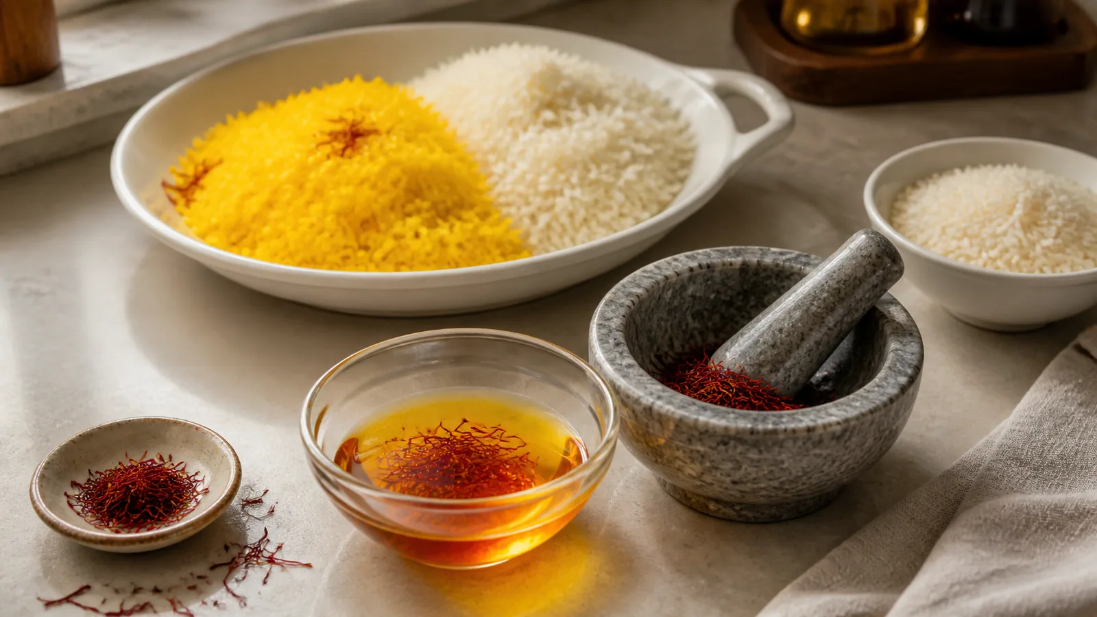 Golden saffron infusion with red threads, mortar, and saffron rice