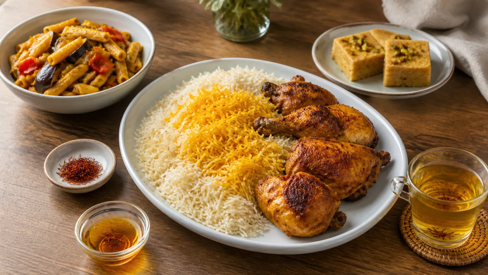 Chicken and saffron rice with saffron pasta, halva, and tea