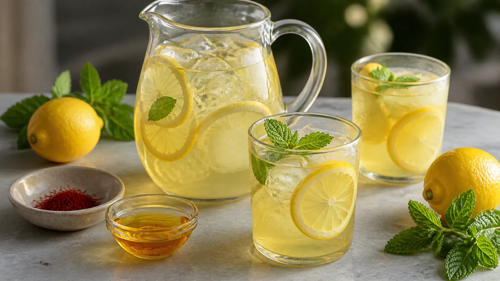 Golden saffron lemon drink with fresh lemons, mint, and saffron threads
