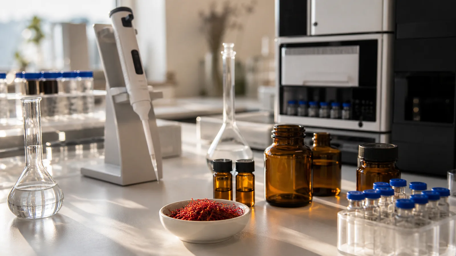 Laboratory vials and saffron threads prepared for pharmaceutical research