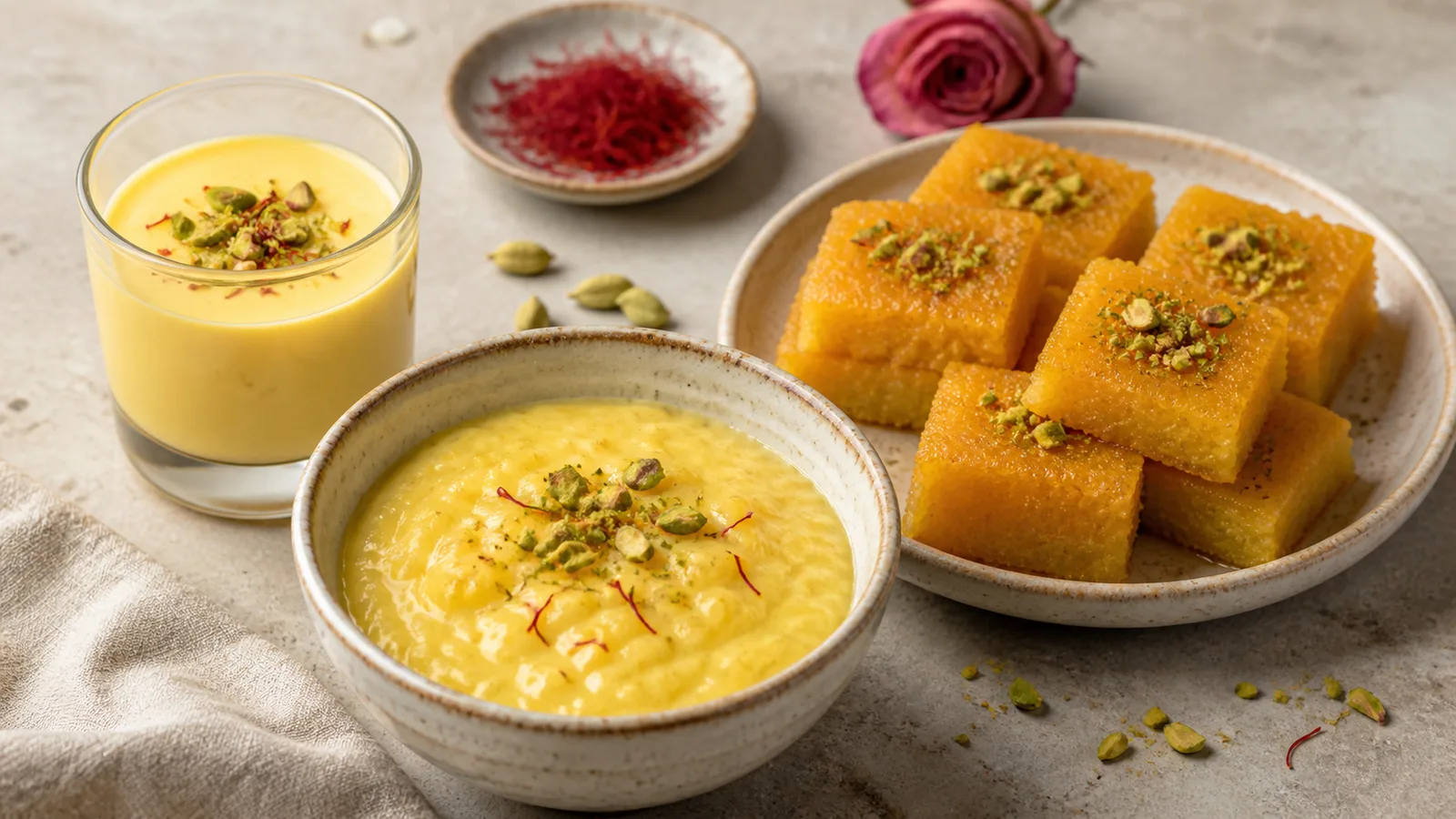 Three saffron desserts: panna cotta, cornstarch pudding, and Persian masghati