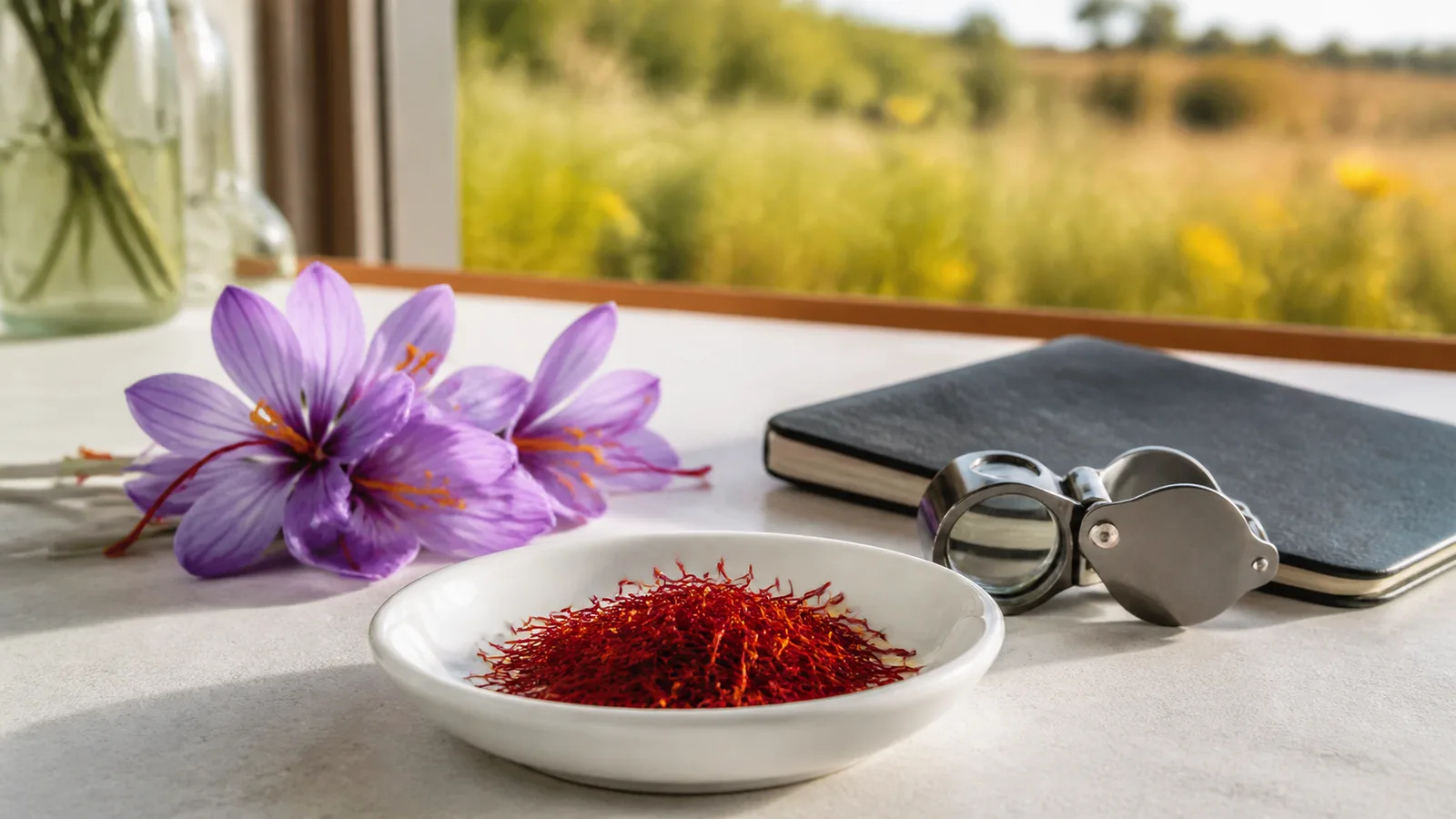 Saffron threads, crocus flowers, and a botanical loupe arranged for comparison