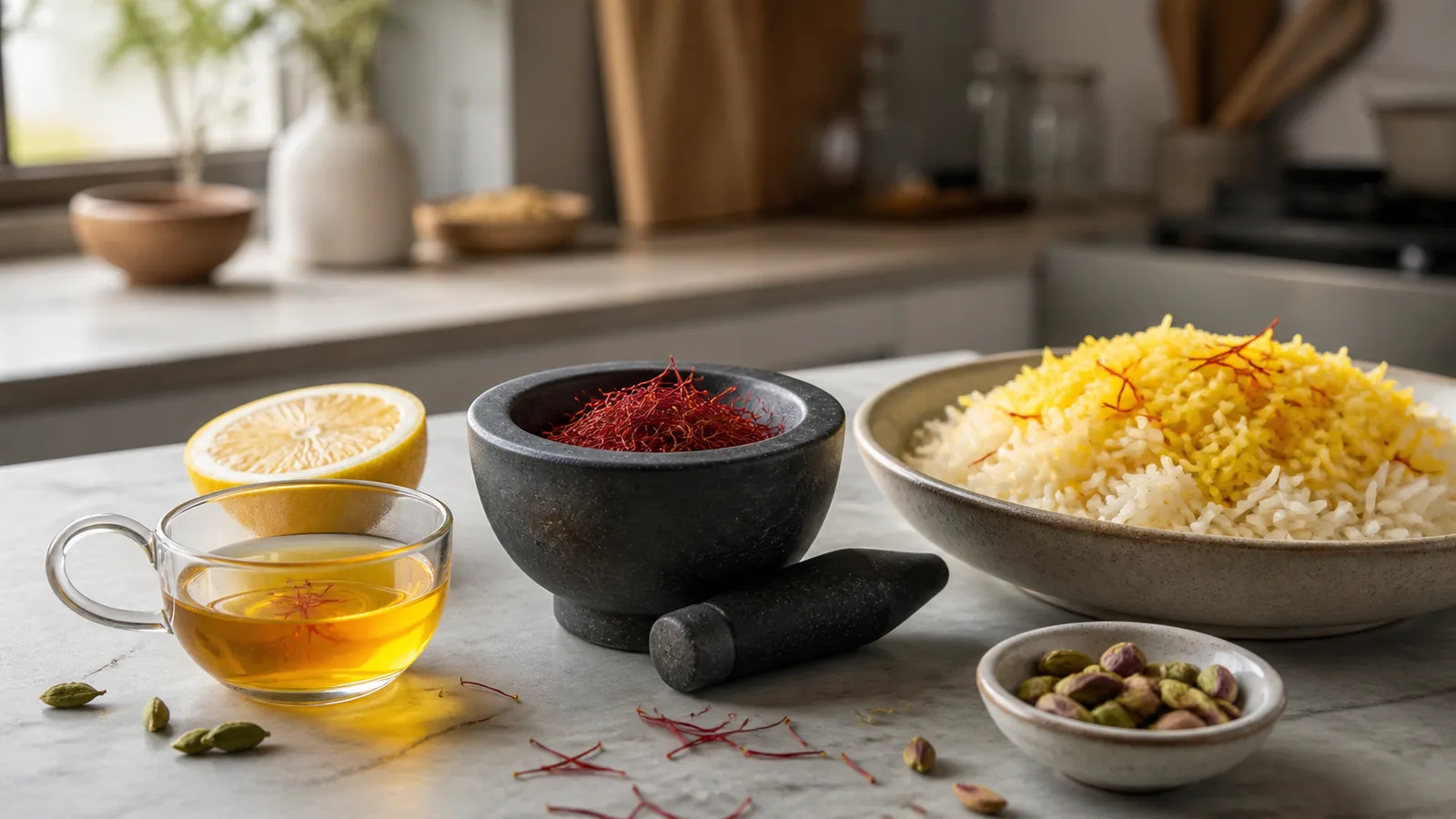 Saffron threads, golden infusion, and saffron rice prepared for cooking