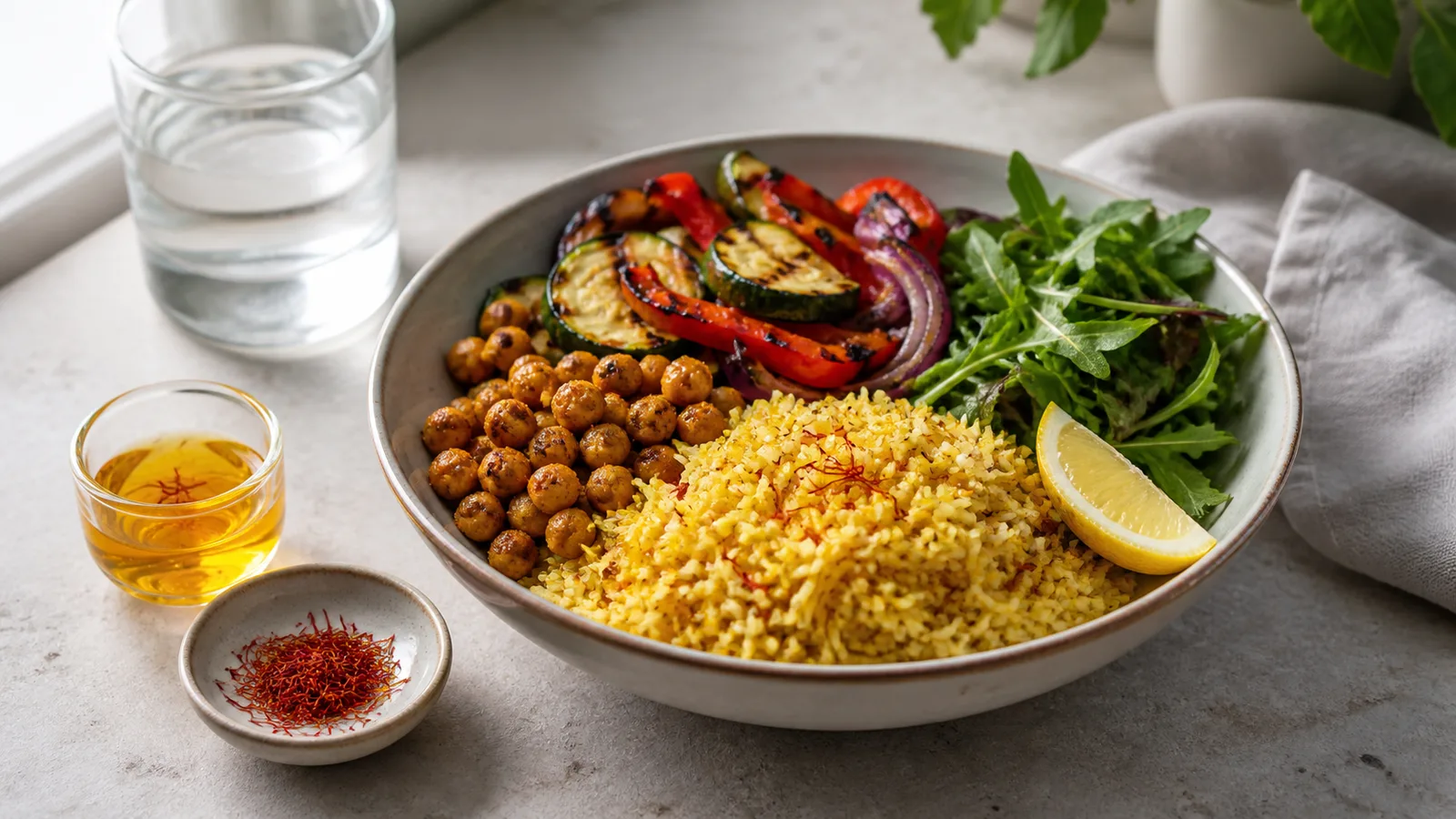 Balanced meal with saffron rice, vegetables, chickpeas, and saffron infusion