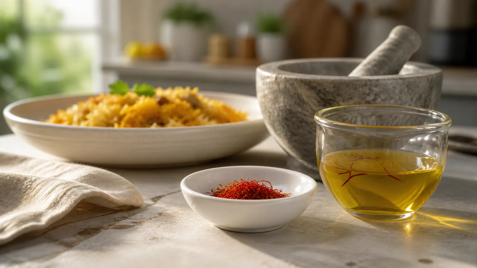 Measured saffron threads and infusion beside a rice dish